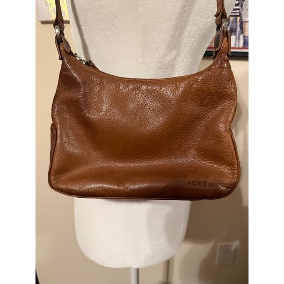 Fossil Tan Genuine Leather Shoulder Hobo Handbag Purse 6X8 Exterior Wear - Picture 3 of 16